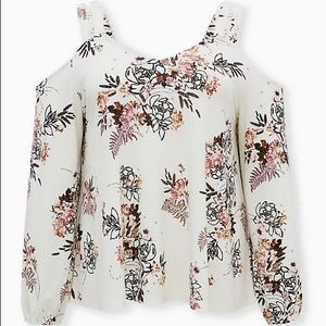 WHITE FLORAL CREPE BALLOON SLEEVE COLD SHOULDER